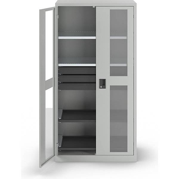 Sichtfensterschrank HxBxT 1950 x 1000 x 580 mm mit 2 Fachböden 2 Auszugböden und 3 Schubladen lichtgrau. Lista-2