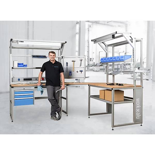 workalu® Arbeitstisch mit Systemaufbau einseitig 1 Fachboden 2 Lochwände Arbeitsplatzleuchte Plattenbreite-2