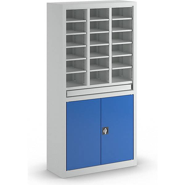 Ordnungs- und Sortierstation mit Flügeltürschrank lichtgrau / enzianblau. Pavoy GmbH | Paul van Oyen 11791849-0