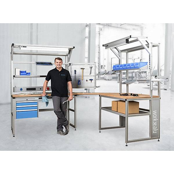 workalu® Arbeitstisch mit Systemaufbau einseitig Lochwand und Arbeitsplatzleuchte Plattenbreite 1250 mm.-3