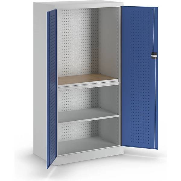 kaiserkraft 453762 Werkzeugschrank mit Lochprägung, 1 Schublade, 1 Fachboden, 1 Arbeitsplatte, Türen enzianblau.-2