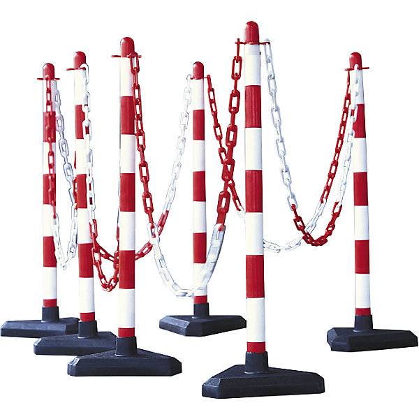 Kettenständer-Set 6 Pfosten zementgefüllter Dreiecksfuß 10 m Kette rot / weiß. Moravia Wiesbaden| Gesellschaft-0