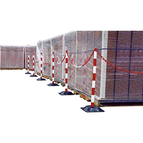 Kettenständer-Set 6 Pfosten zementgefüllter Dreiecksfuß 10 m Kette rot / weiß. Moravia Wiesbaden| Gesellschaft-1