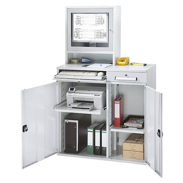 Computer-Arbeitsstation Stahlblech HxB 1770 x 1100 mm mit Monitorgehäuse Türfarbe Lichtgrau. TAKKT Industrial