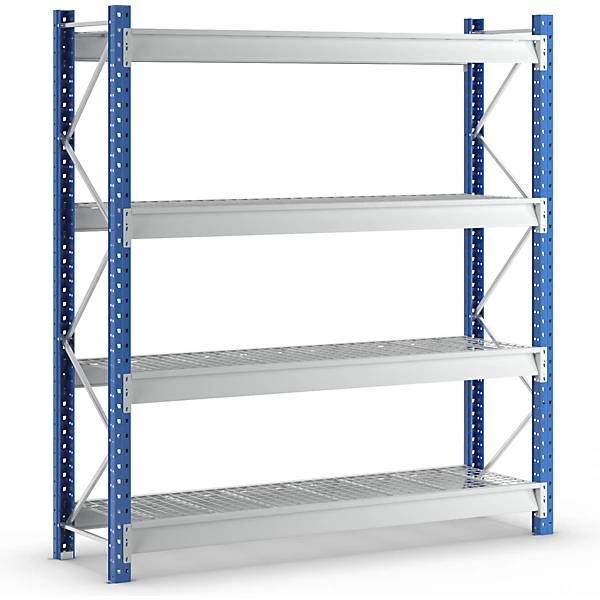 Schwerlast-Großfachregal mit Drahtgitterauflagen Rahmenfarbe Blau HxBxT 2996 x 2860 x 800 mm Grundregal. MAN-0