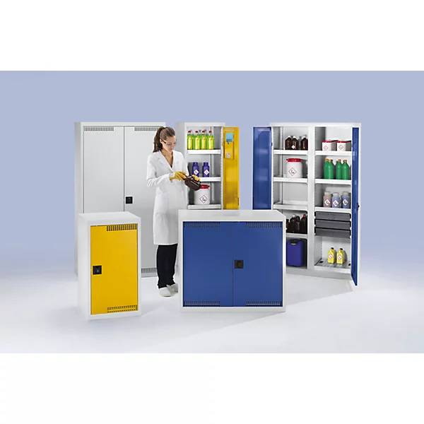 Gefahrstoffschrank, Umweltschrank - 900x500x500 mm - Lüftung - 2 Wannen je 10 Liter - grau/enzianblau-4