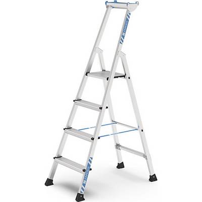 Profi-Stufenleiter einseitig begehbar Aluminium eloxiert mit Werkzeugablage für Handwerk und Industrie 4-0