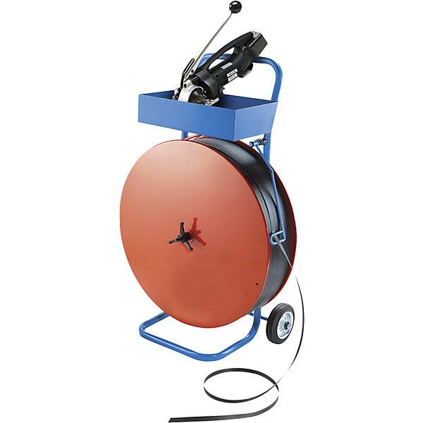 Umreifungs-Set PP-Band halbautomatisches Spann- und Verschlussgerät fahrbarer Abroller Band Bandbreite 13 mm.