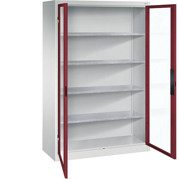 Sichtfenster-Flügeltürschrank HxBxT 1950 x 1200 x 500 mm 4 Fachböden lichtgrau / rubinrot. C+P Moebelsysteme |-0