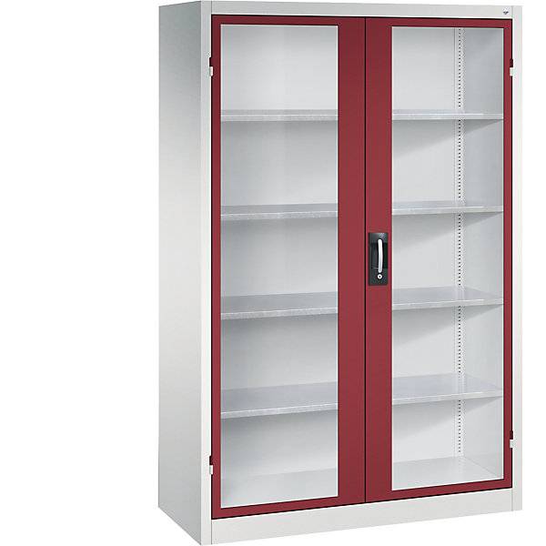 Sichtfenster-Flügeltürschrank HxBxT 1950 x 1200 x 500 mm 4 Fachböden lichtgrau / rubinrot. C+P Moebelsysteme |-1
