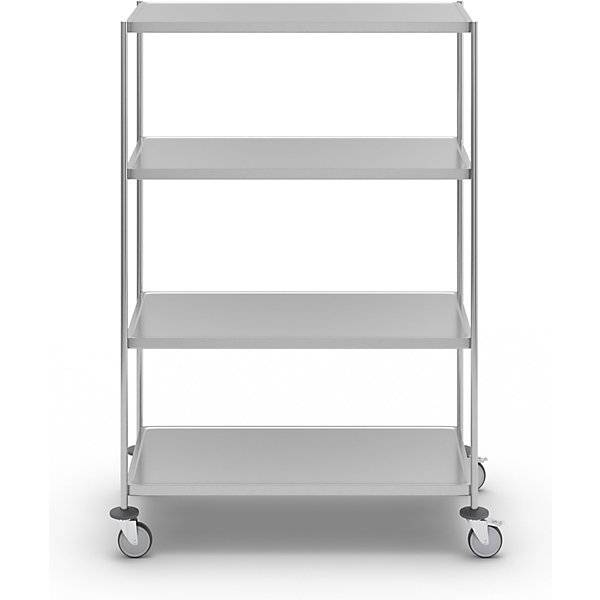 Kongamek Edelstahl- Etagenwagen vollständig geschweißt, 4 Ladeflächen 1050x550mm Gummibereifung m-4