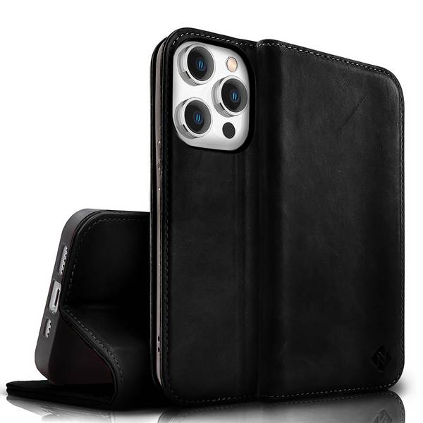NALIA Echt-Leder Flipcase für iPhone 15 Pro Hülle, Rindsleder Schutzhülle RFID-Schutz Lederhülle Aufstellbar Schwarz
