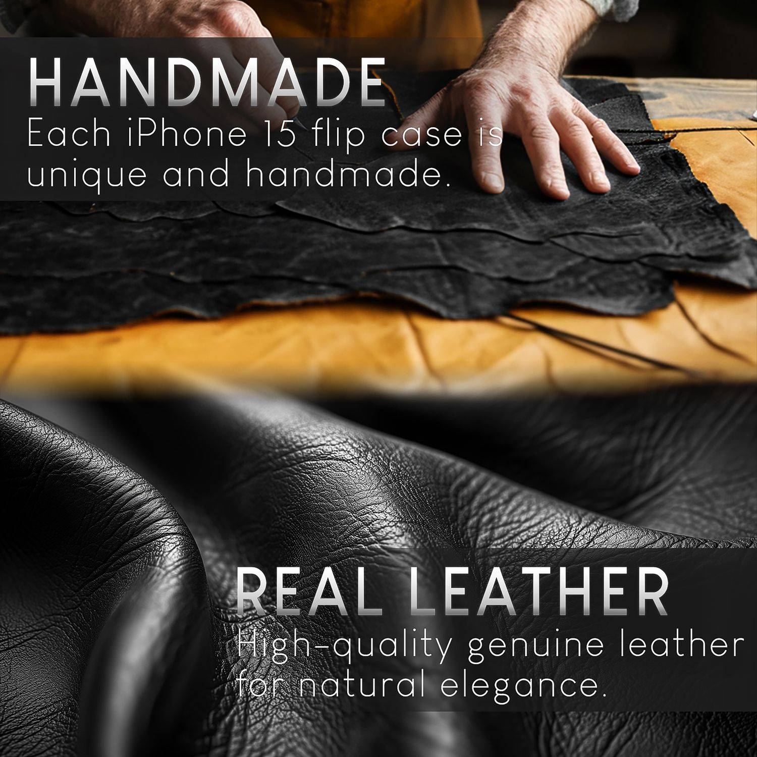 NALIA Echt-Leder Flipcase für iPhone 15 Pro Hülle, Rindsleder Schutzhülle RFID-Schutz Lederhülle Aufstellbar Schwarz-1