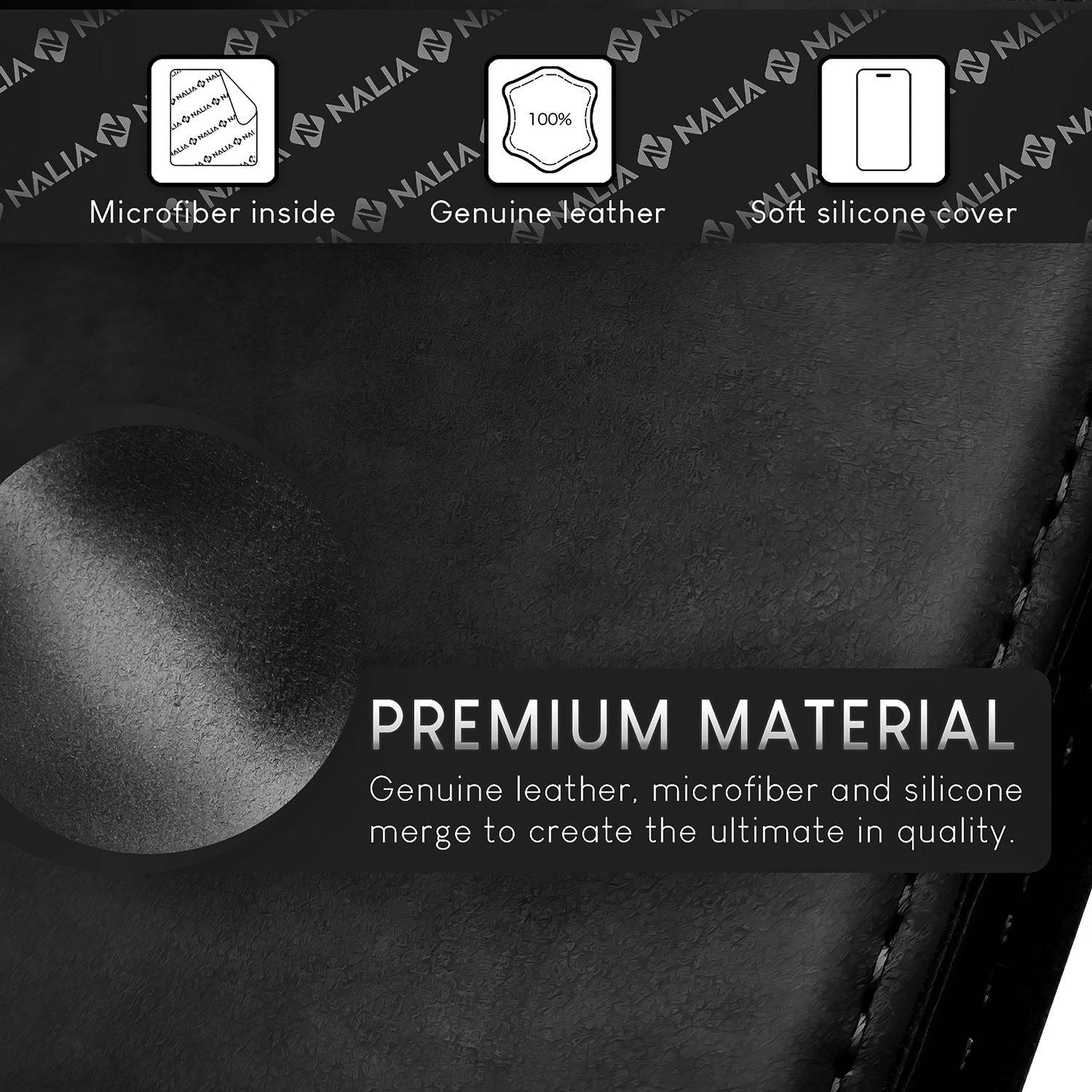 NALIA Echt-Leder Flipcase für iPhone 15 Pro Hülle, Rindsleder Schutzhülle RFID-Schutz Lederhülle Aufstellbar Schwarz-2