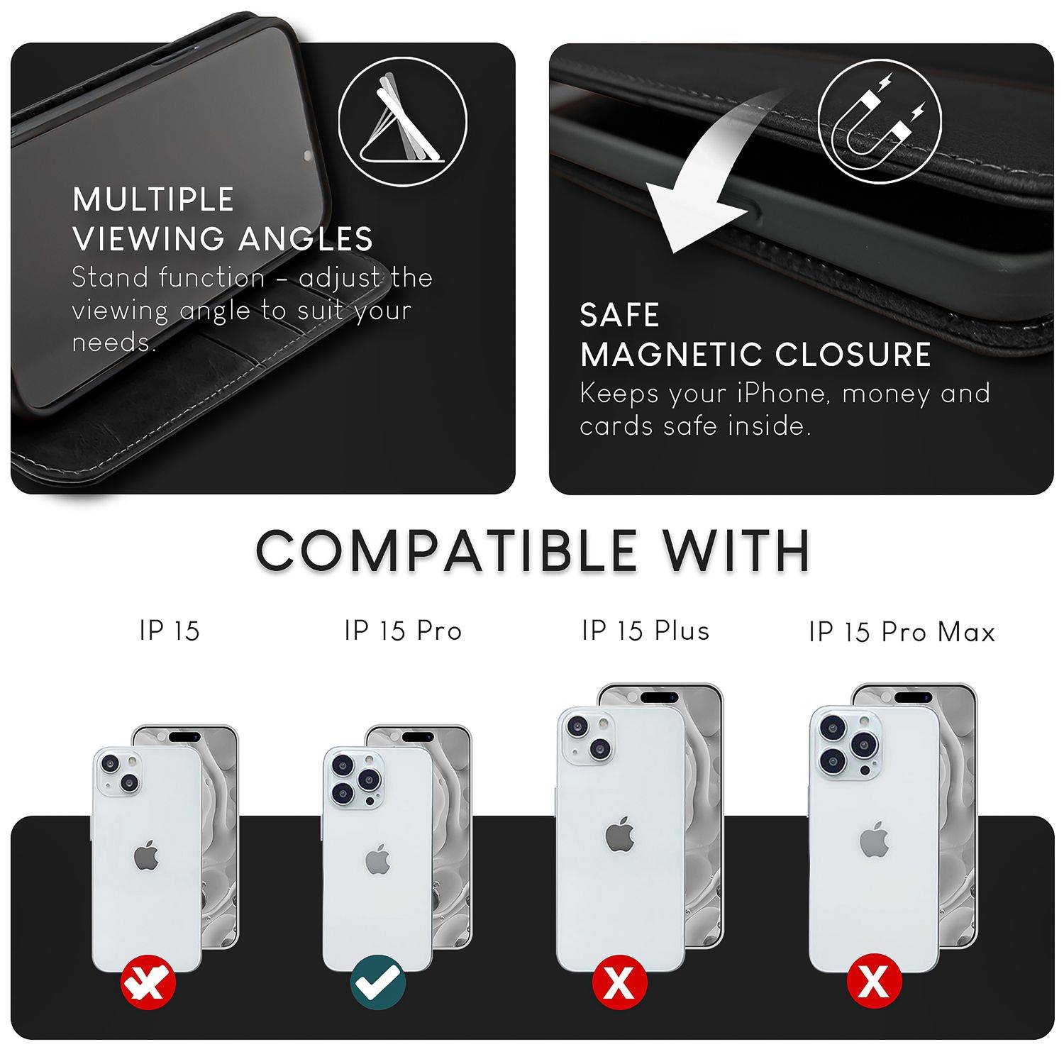 NALIA Echt-Leder Flipcase für iPhone 15 Pro Hülle, Rindsleder Schutzhülle RFID-Schutz Lederhülle Aufstellbar Schwarz-3