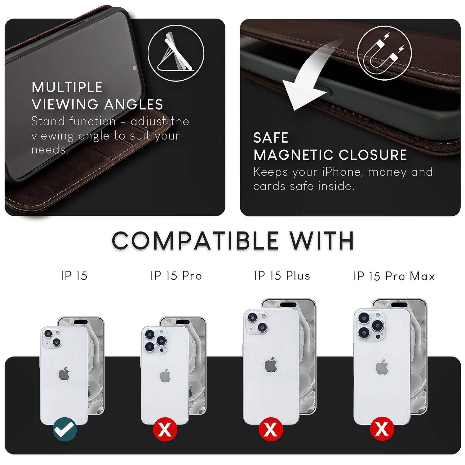NALIA Echt-Leder Flipcase für iPhone 15 Hülle, Rindsleder Schutzhülle Lederhülle mit RFID-Schutz, Standfunktion Klappbar-3