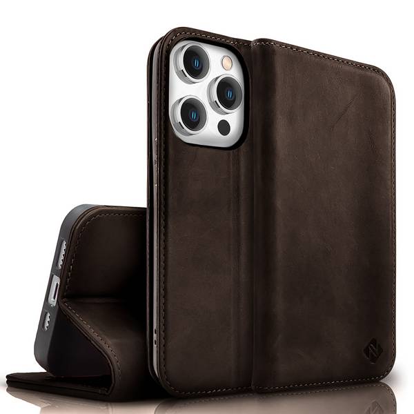 NALIA Echt-Leder Flipcase für iPhone 15 Pro Max Hülle, Rindsleder Schutzhülle RFID-Schutz Lederhülle Wallet Dunkel-Braun