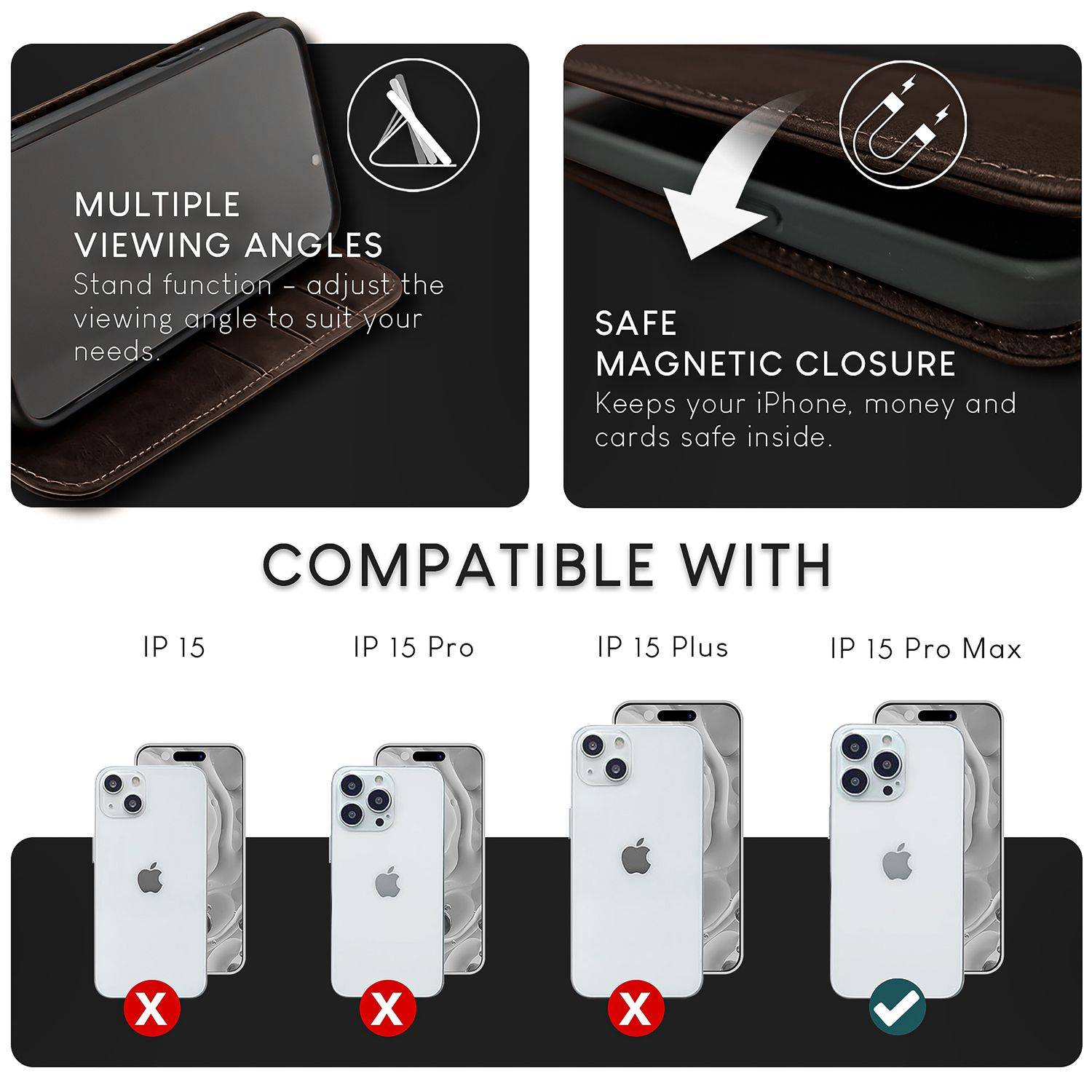 NALIA Echt-Leder Flipcase für iPhone 15 Pro Max Hülle, Rindsleder Schutzhülle RFID-Schutz Lederhülle Wallet Dunkel-Braun-3