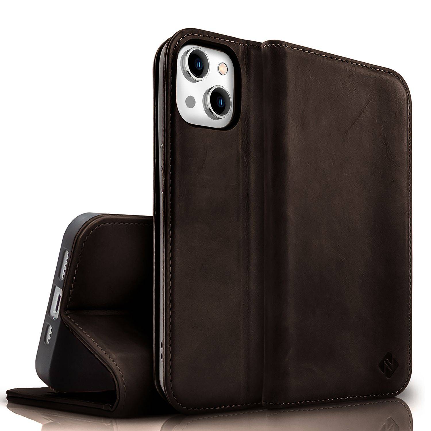 NALIA Echt-Leder Flipcase für iPhone 15 Plus Hülle, Rindsleder Schutzhülle Lederhülle RFID-Schutz, Aufstellbar Klappbar-0