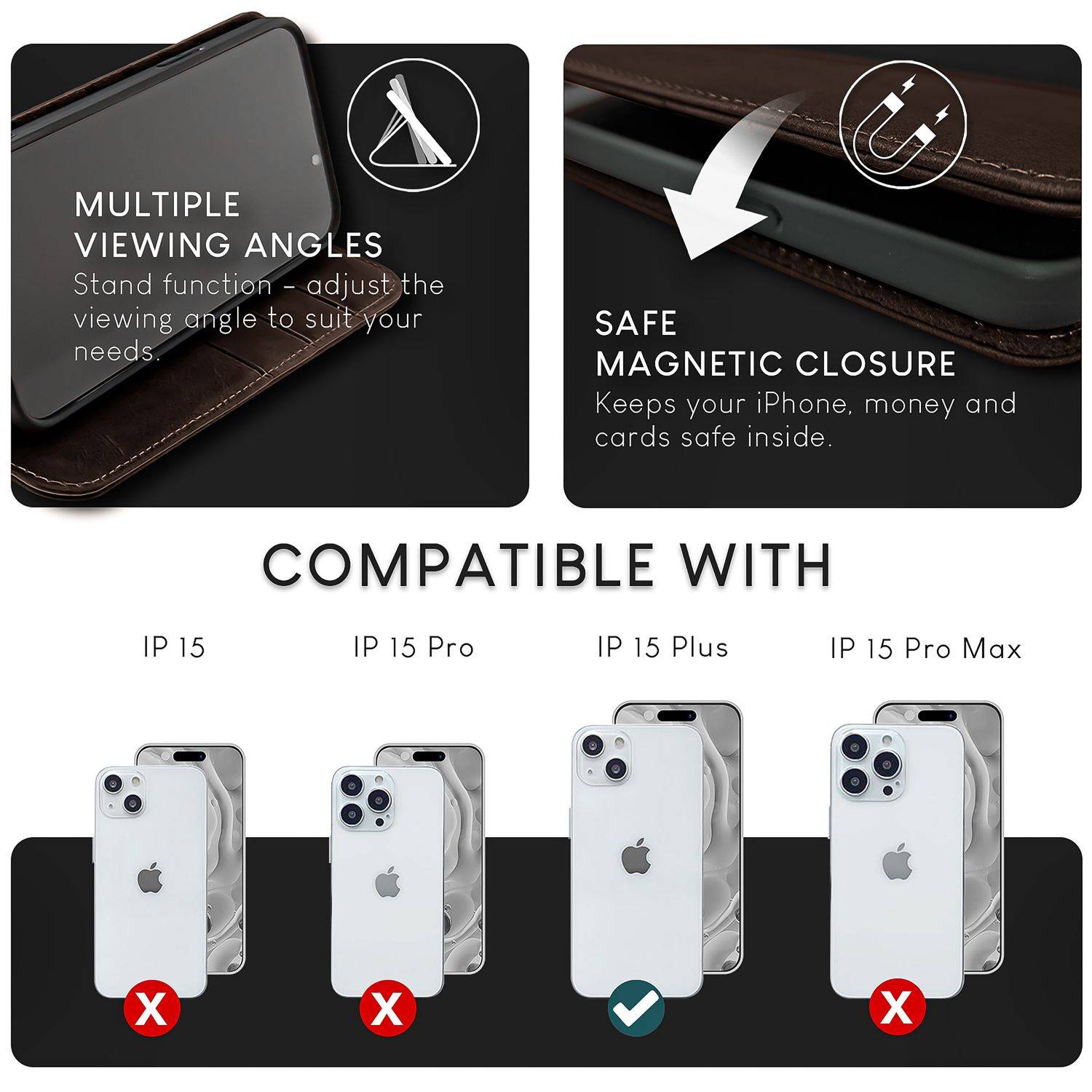 NALIA Echt-Leder Flipcase für iPhone 15 Plus Hülle, Rindsleder Schutzhülle Lederhülle RFID-Schutz, Aufstellbar Klappbar-3