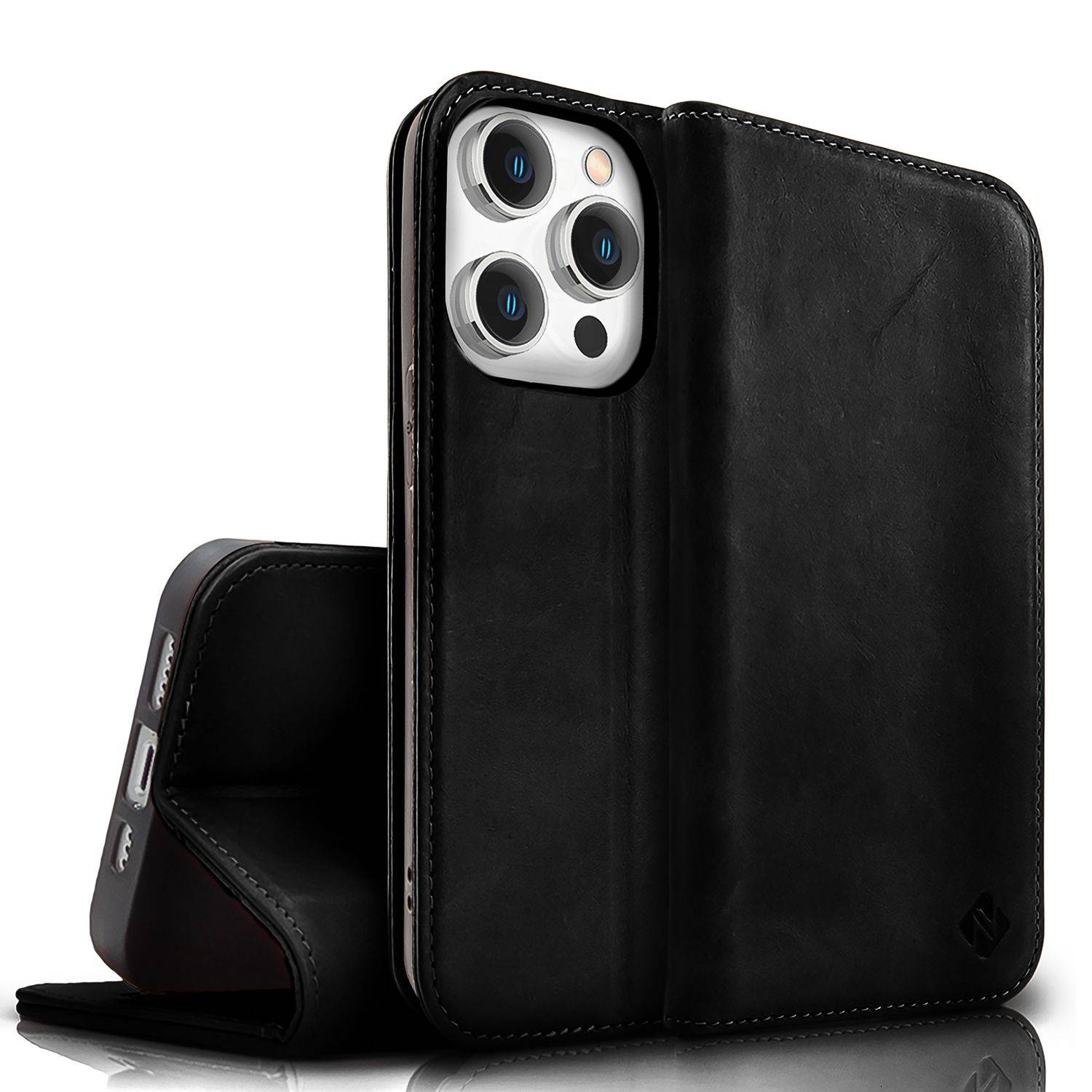 NALIA Echt-Leder Flipcase für iPhone 15 Pro Max Hülle, Rindsleder Schutzhülle RFID-Schutz Lederhülle Wallet Schwarz-0