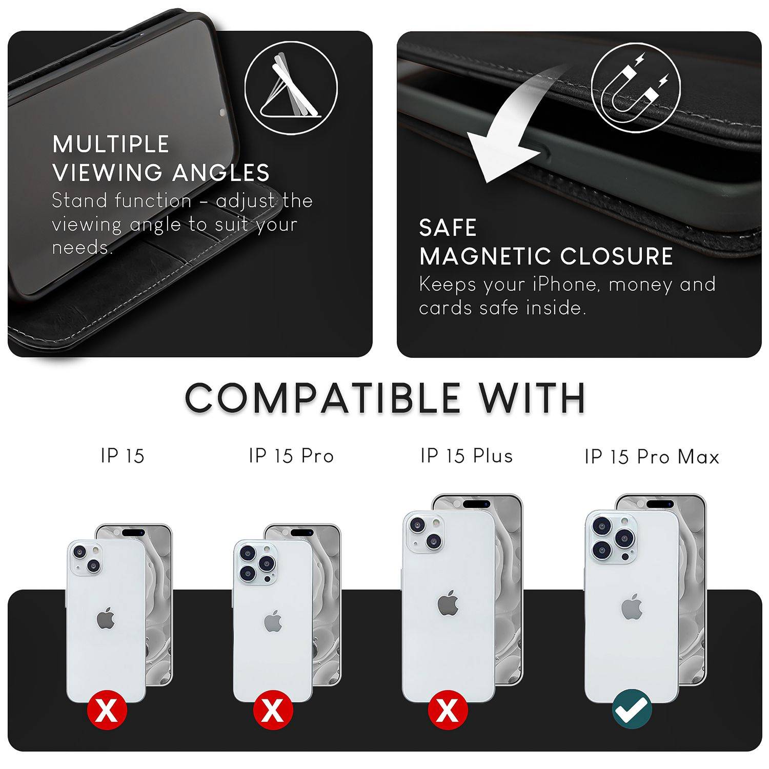 NALIA Echt-Leder Flipcase für iPhone 15 Pro Max Hülle, Rindsleder Schutzhülle RFID-Schutz Lederhülle Wallet Schwarz-3