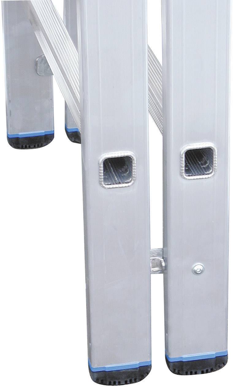 Einzelheiten einer Aluminiumleiter mit blauen rutschfesten Endkappen, die Stabilität und Sicherheit bieten.