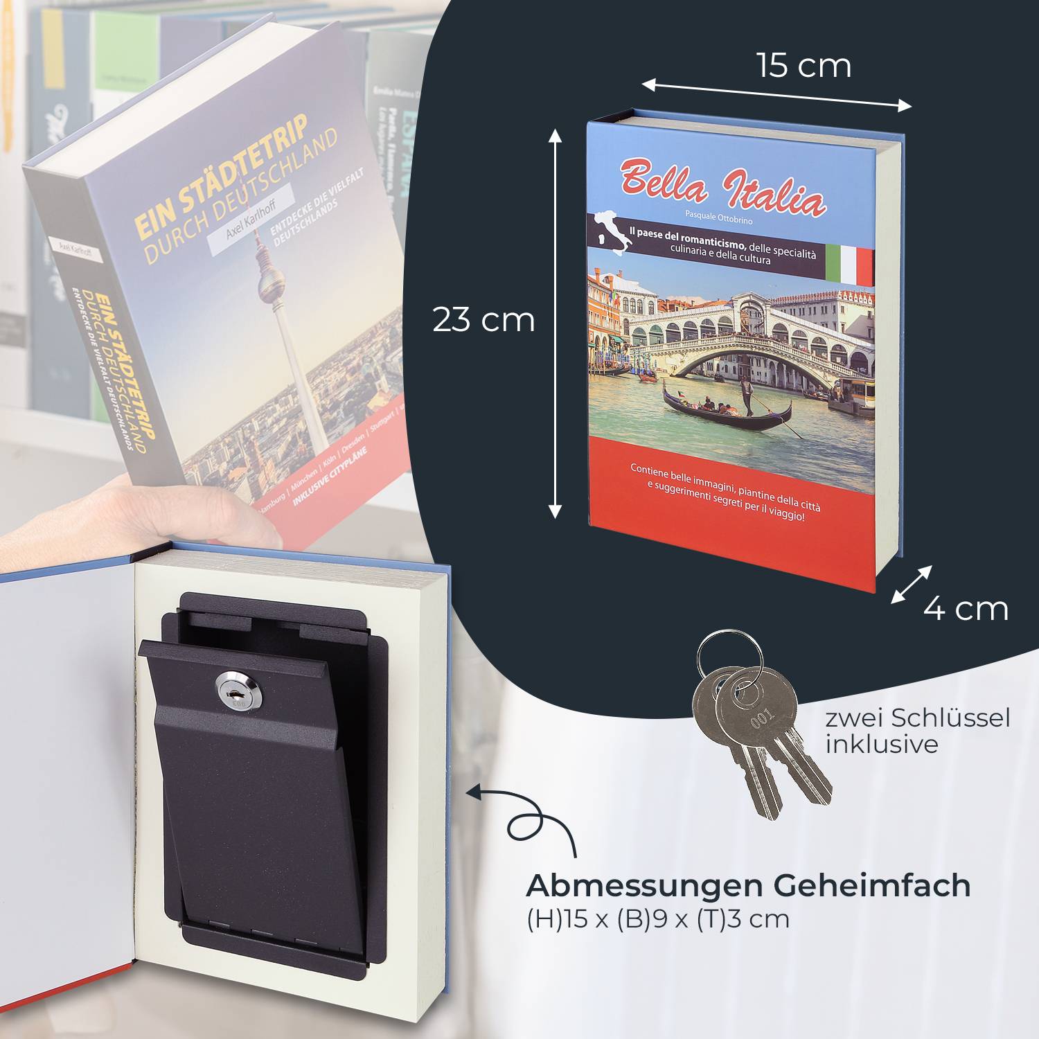 HMF 80935 Buchtresor Geldkassette mit Papierseiten, 23 x 15 x 4 cm, Italien-4