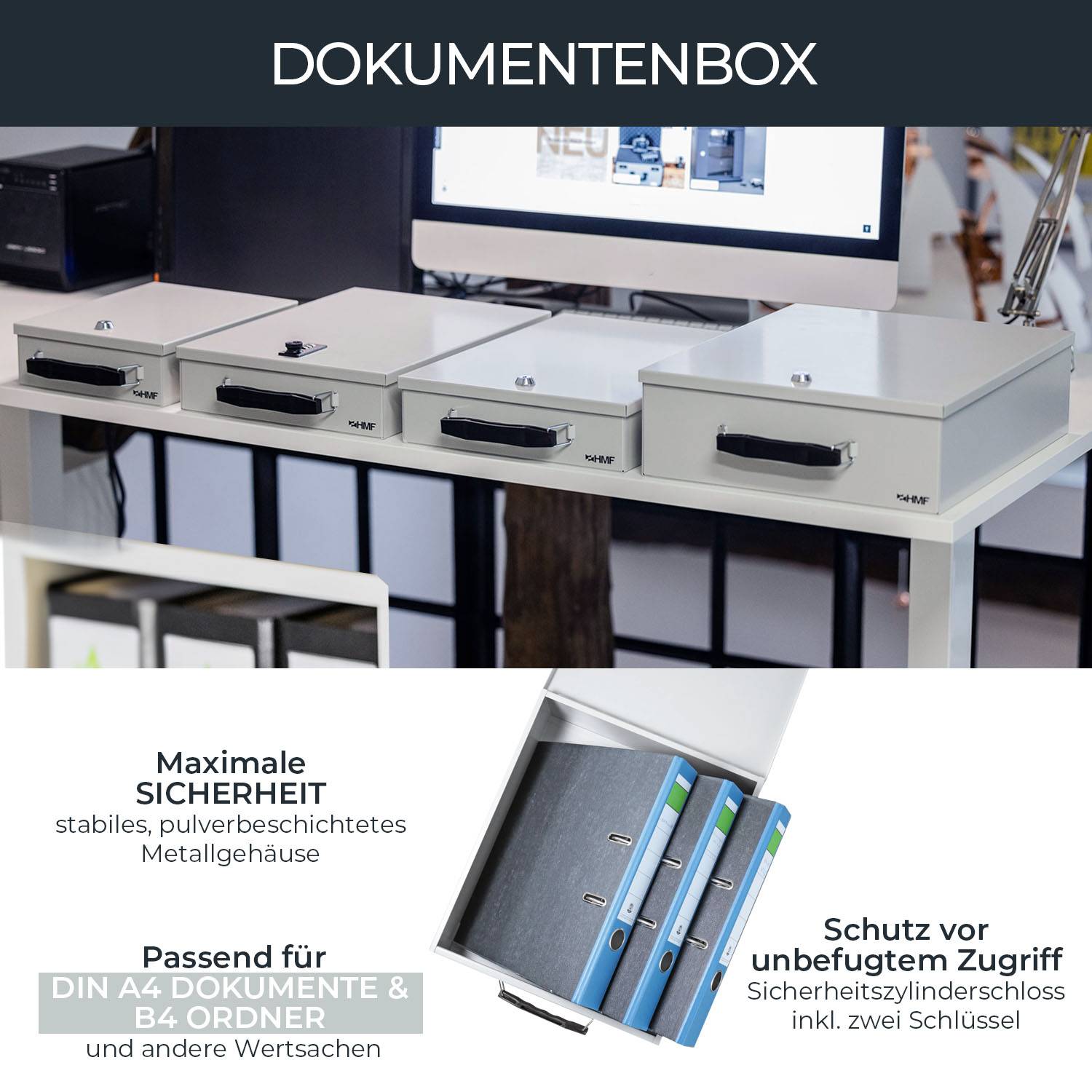 HMF 142-07 Dokumentenkassette XL für Ordner, DIN A4 / B4, 39,5 x 32,5 x 12 cm, Lichtgrau-1