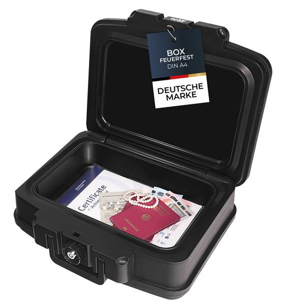 HMF 250452 Feuerfeste Wasserdichte Dokumentenbox, DIN A4, 44,5 x 16,5 x 33 cm, Schwarz