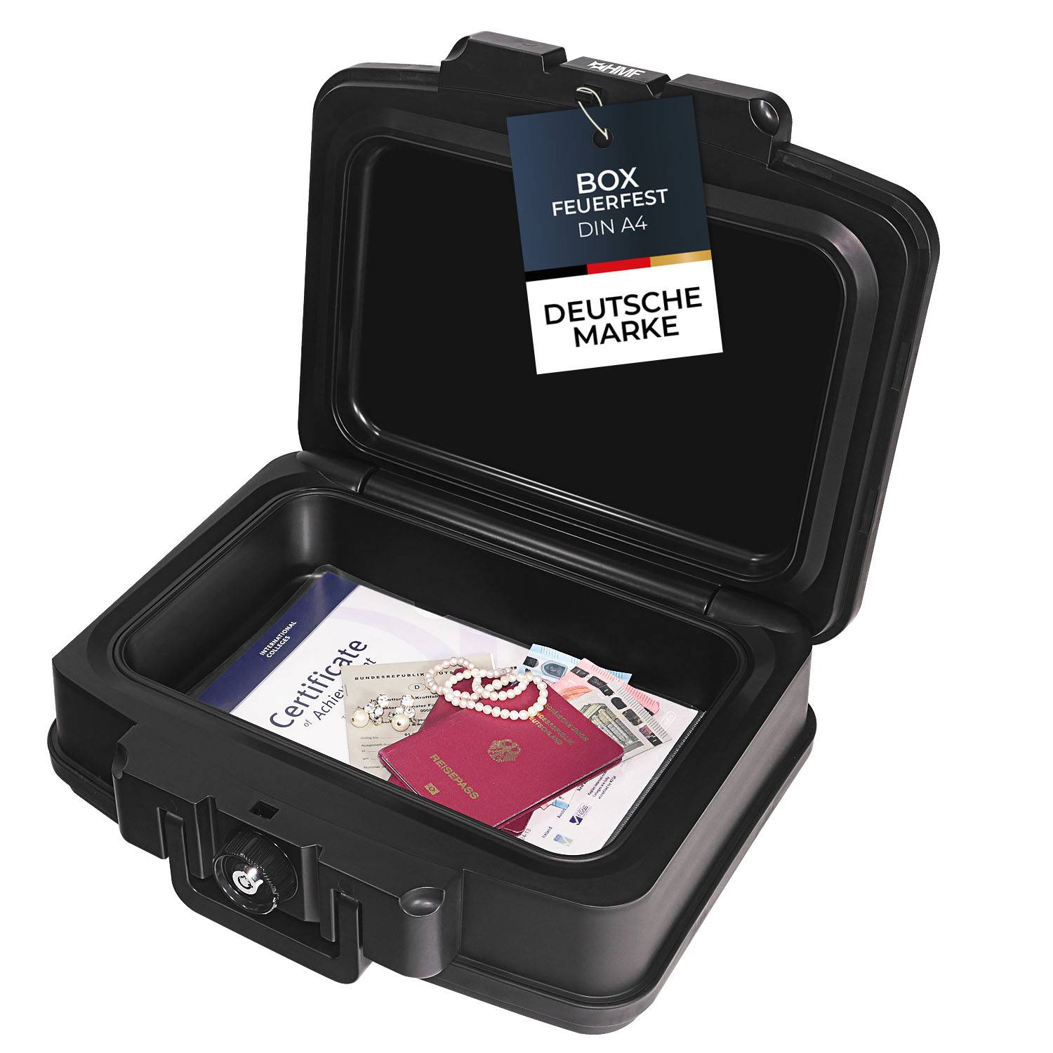 HMF 250452 Feuerfeste Wasserdichte Dokumentenbox, DIN A4, 44,5 x 16,5 x 33 cm, Schwarz-0