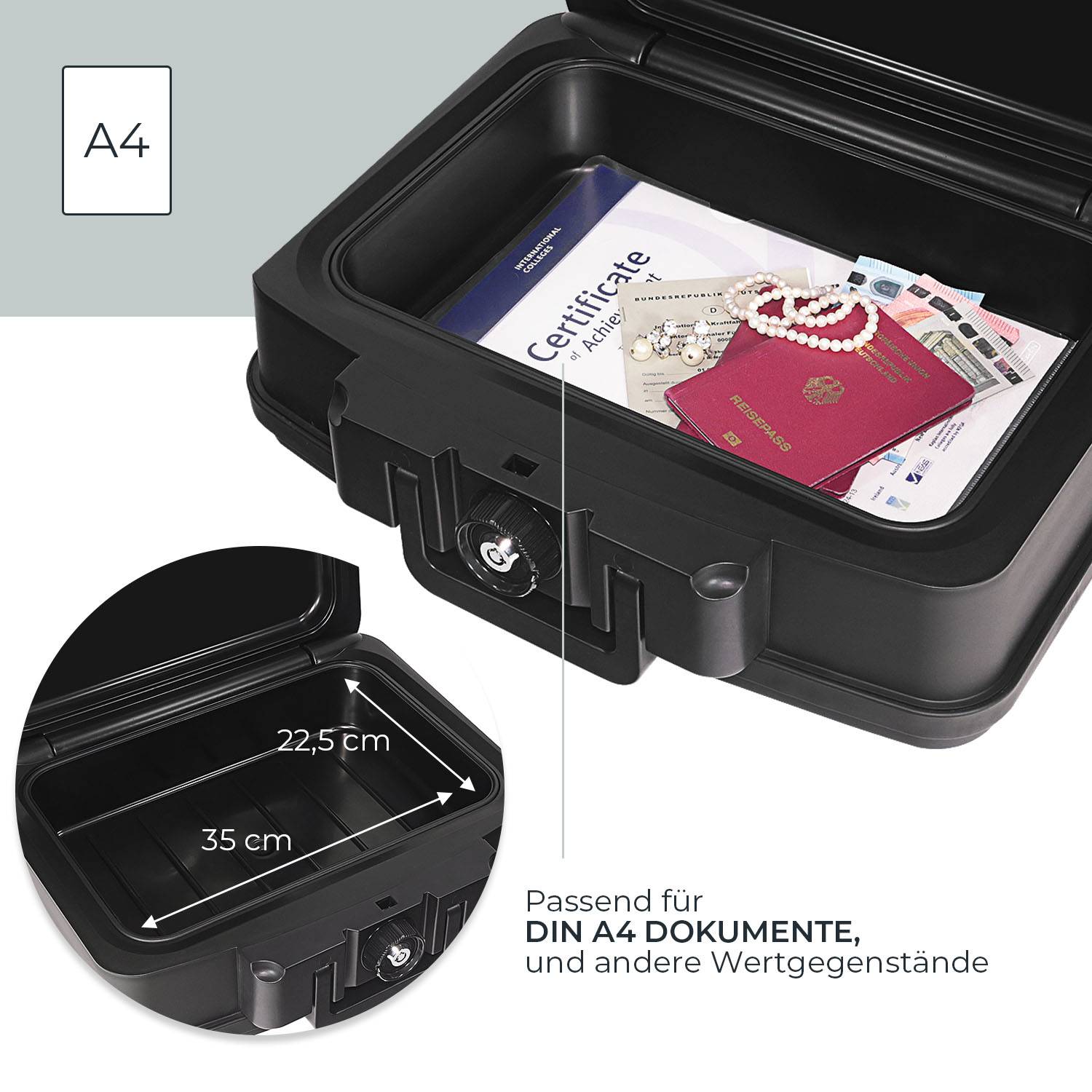 HMF 250452 Feuerfeste Wasserdichte Dokumentenbox, DIN A4, 44,5 x 16,5 x 33 cm, Schwarz-2