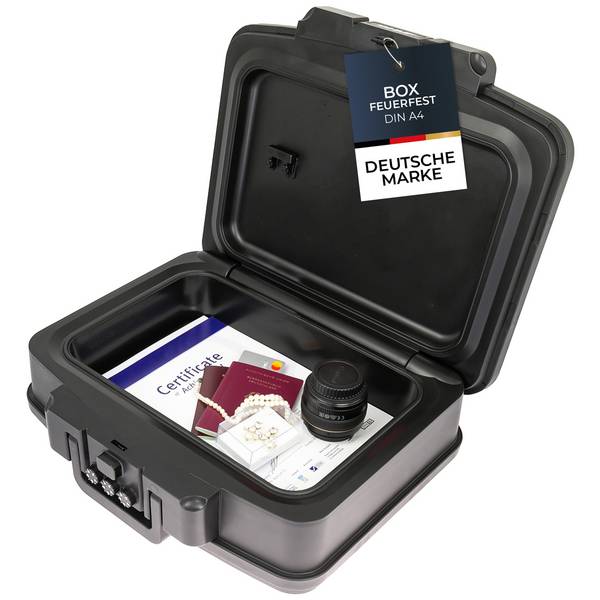 HMF 250437 Feuerfeste wasserdichte Dokumentenbox mit Zahlenschloss, DIN A4, 44,5 x 16,5 x 33 cm, Schwarz