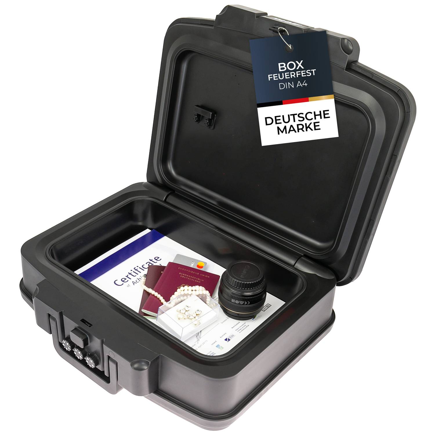 HMF 250437 Feuerfeste wasserdichte Dokumentenbox mit Zahlenschloss, DIN A4, 44,5 x 16,5 x 33 cm, Schwarz-0