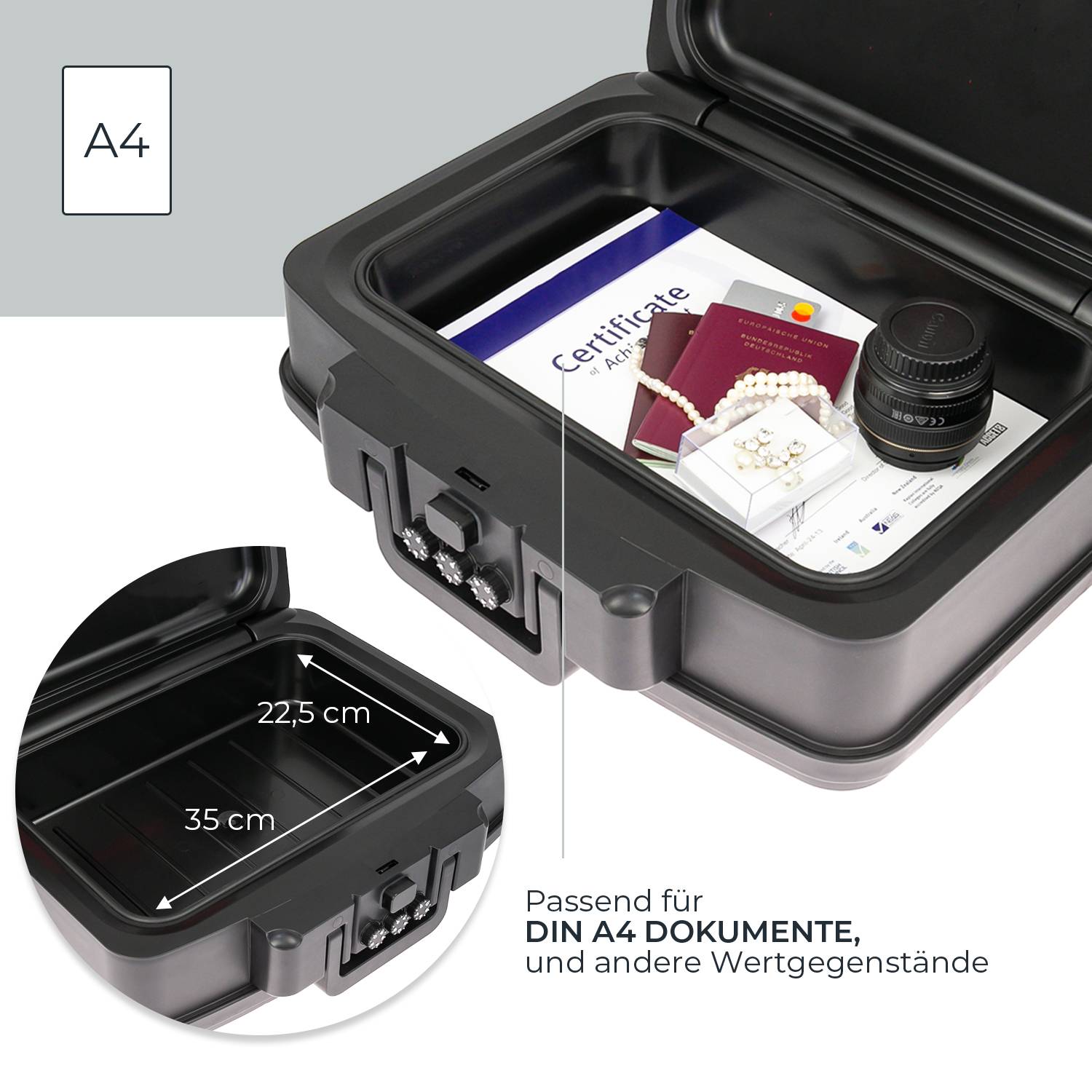 HMF 250437 Feuerfeste wasserdichte Dokumentenbox mit Zahlenschloss, DIN A4, 44,5 x 16,5 x 33 cm, Schwarz-2