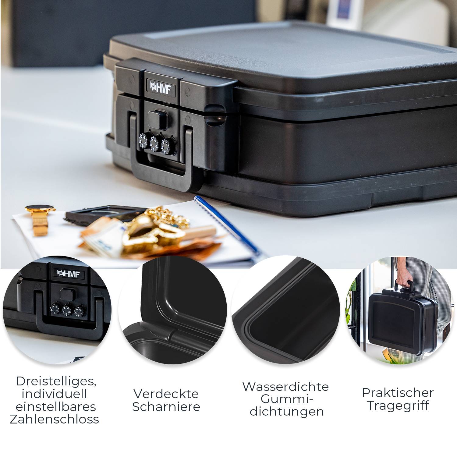 HMF 250437 Feuerfeste wasserdichte Dokumentenbox mit Zahlenschloss, DIN A4, 44,5 x 16,5 x 33 cm, Schwarz-3
