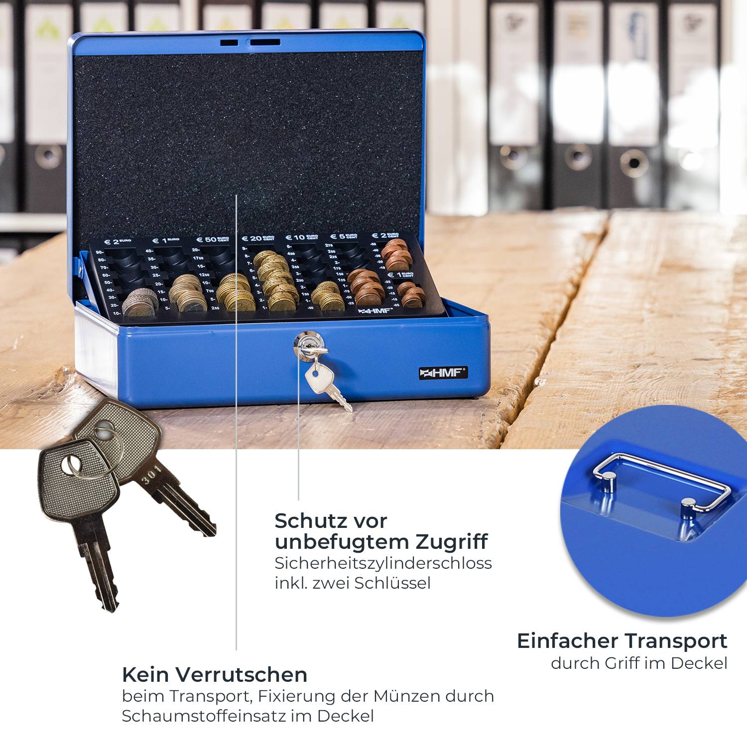 HMF 10015-05 Geldkassette mit Münzzählbrett, 30 x 24 x 9 cm, Blau-3