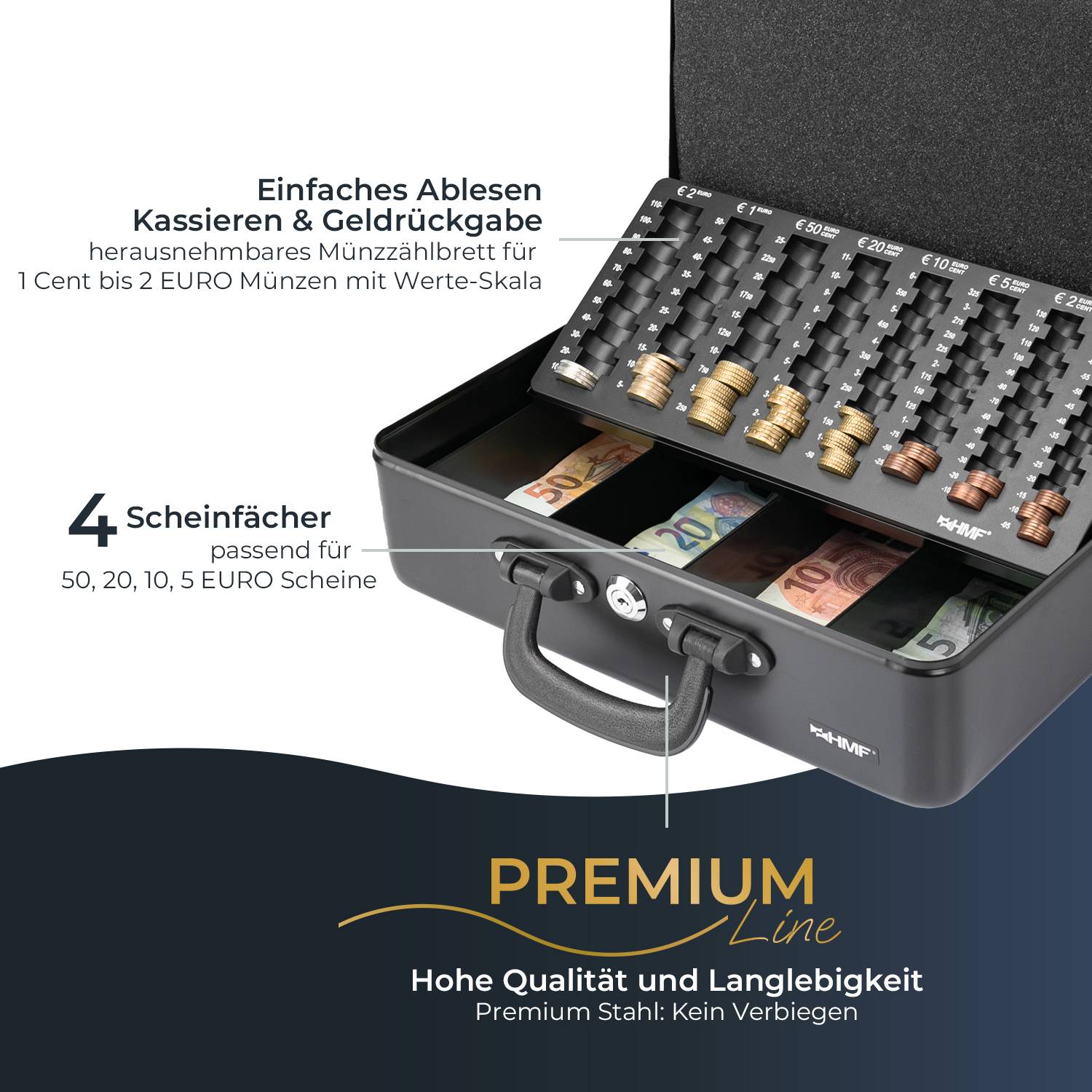 HMF 22037-02 Geldkassette mit Münzzählbrett und 2 Tragegriffen, 36 x 25 x 11 cm, Schwarz-1