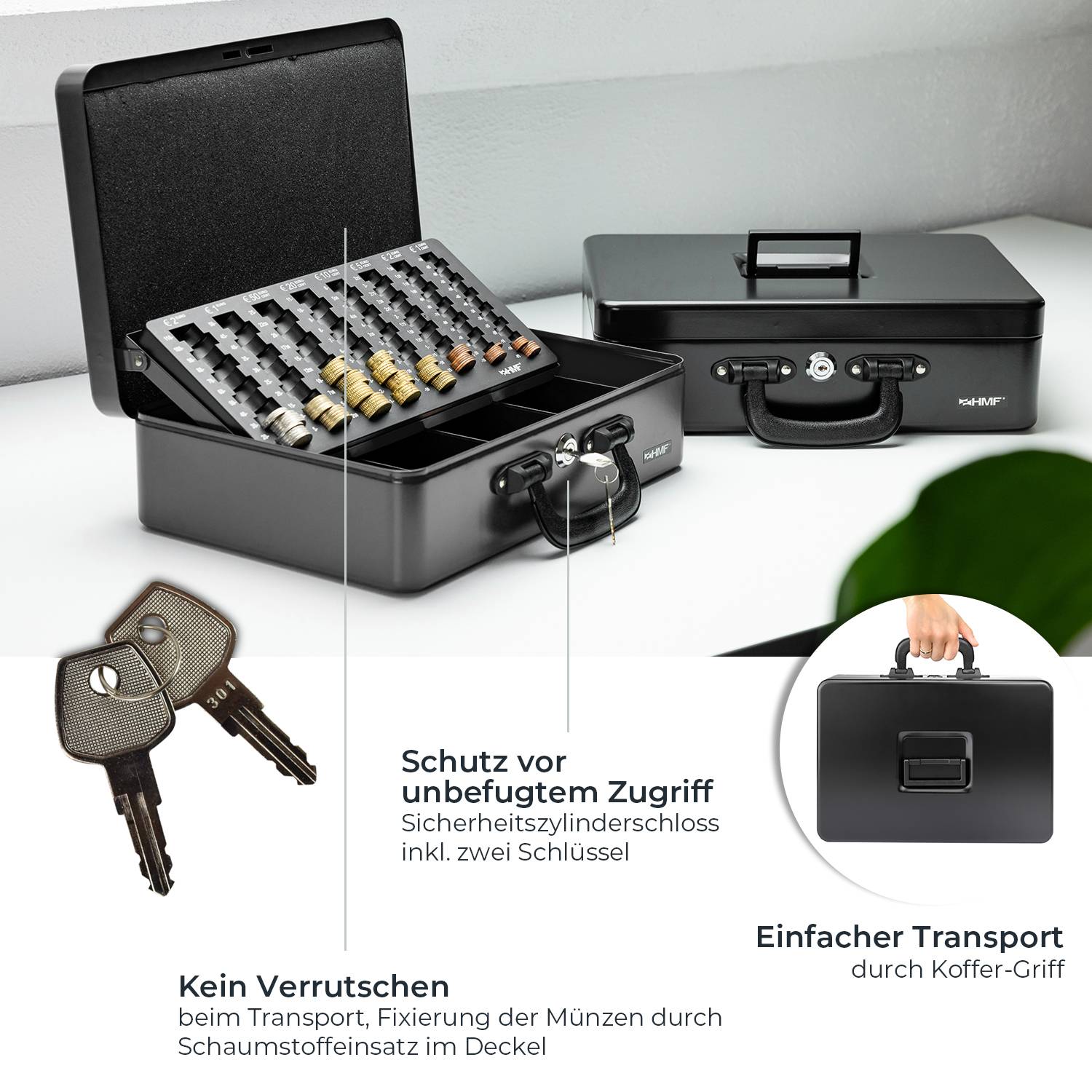 HMF 22037-02 Geldkassette mit Münzzählbrett und 2 Tragegriffen, 36 x 25 x 11 cm, Schwarz-3