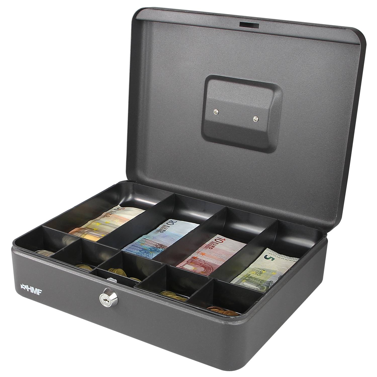 HMF Geldkassette abschließbar, Kasse mit 5 Münzfächern und 4 Geldscheinmulden, 30 x 24 x 9 cm, Schwarz-0