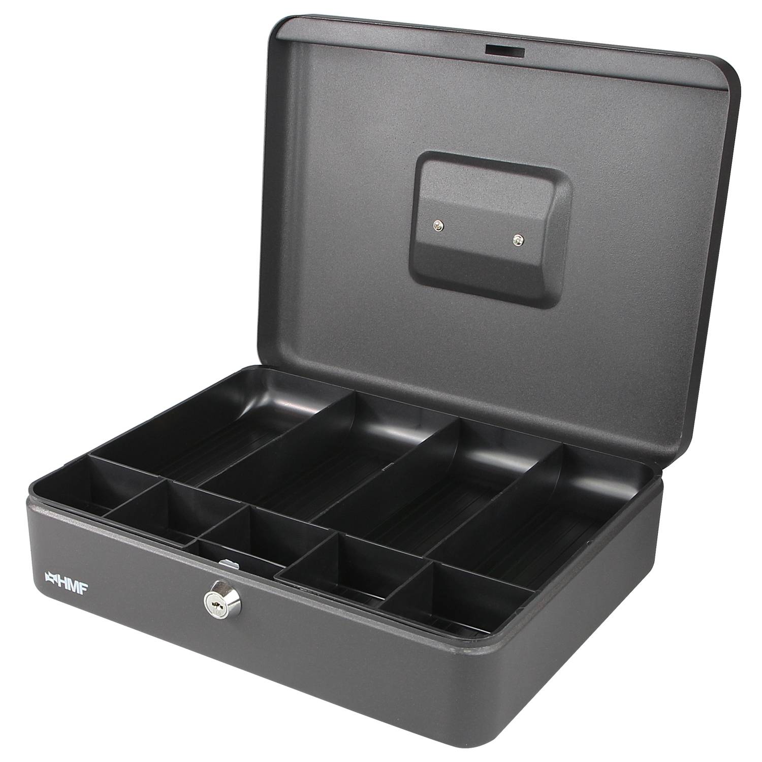 HMF Geldkassette abschließbar, Kasse mit 5 Münzfächern und 4 Geldscheinmulden, 30 x 24 x 9 cm, Schwarz-1