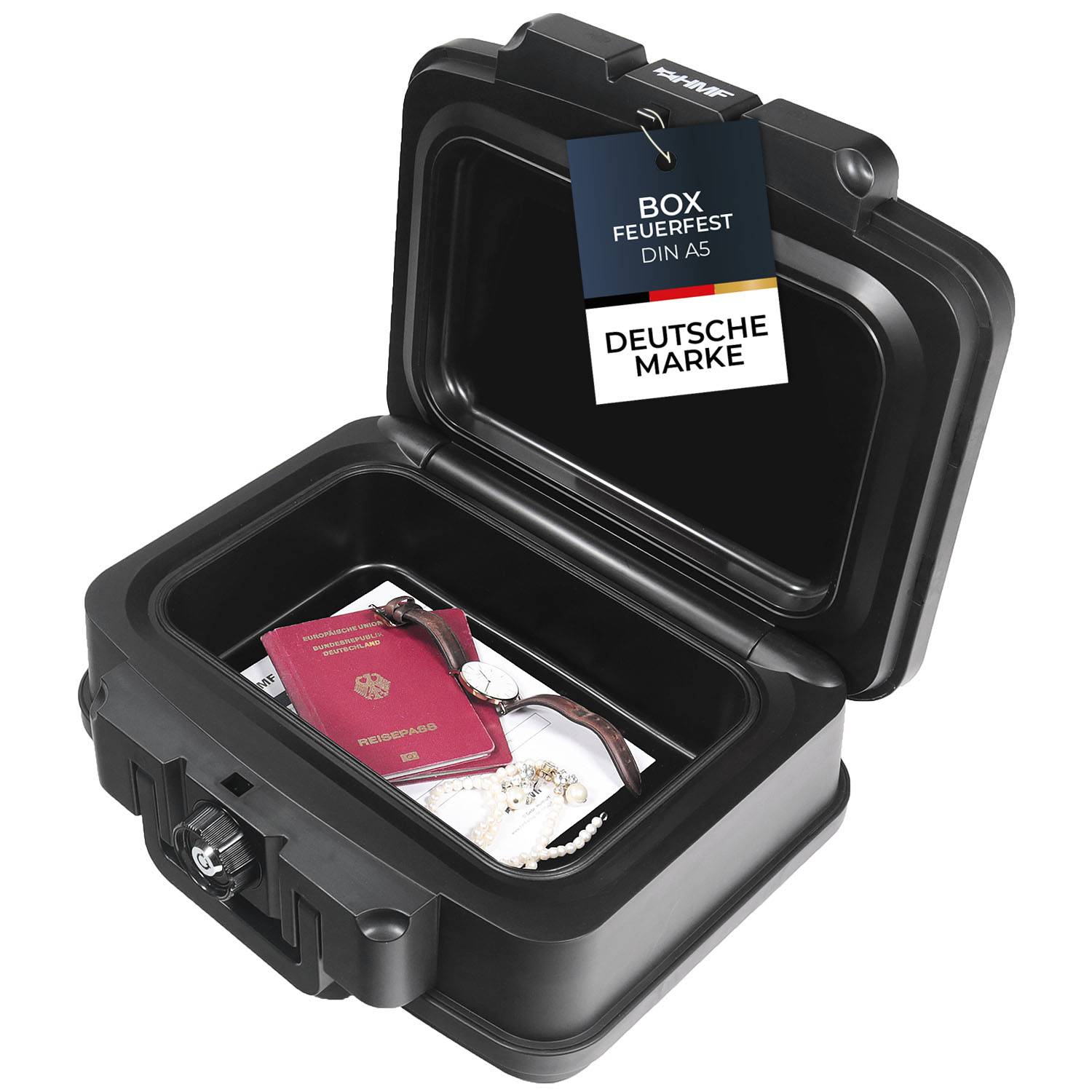 HMF 250451 Feuerfeste Wasserdichte Dokumentenbox, DIN A5, 38,5 x 16,5 x 28 cm, Schwarz-0