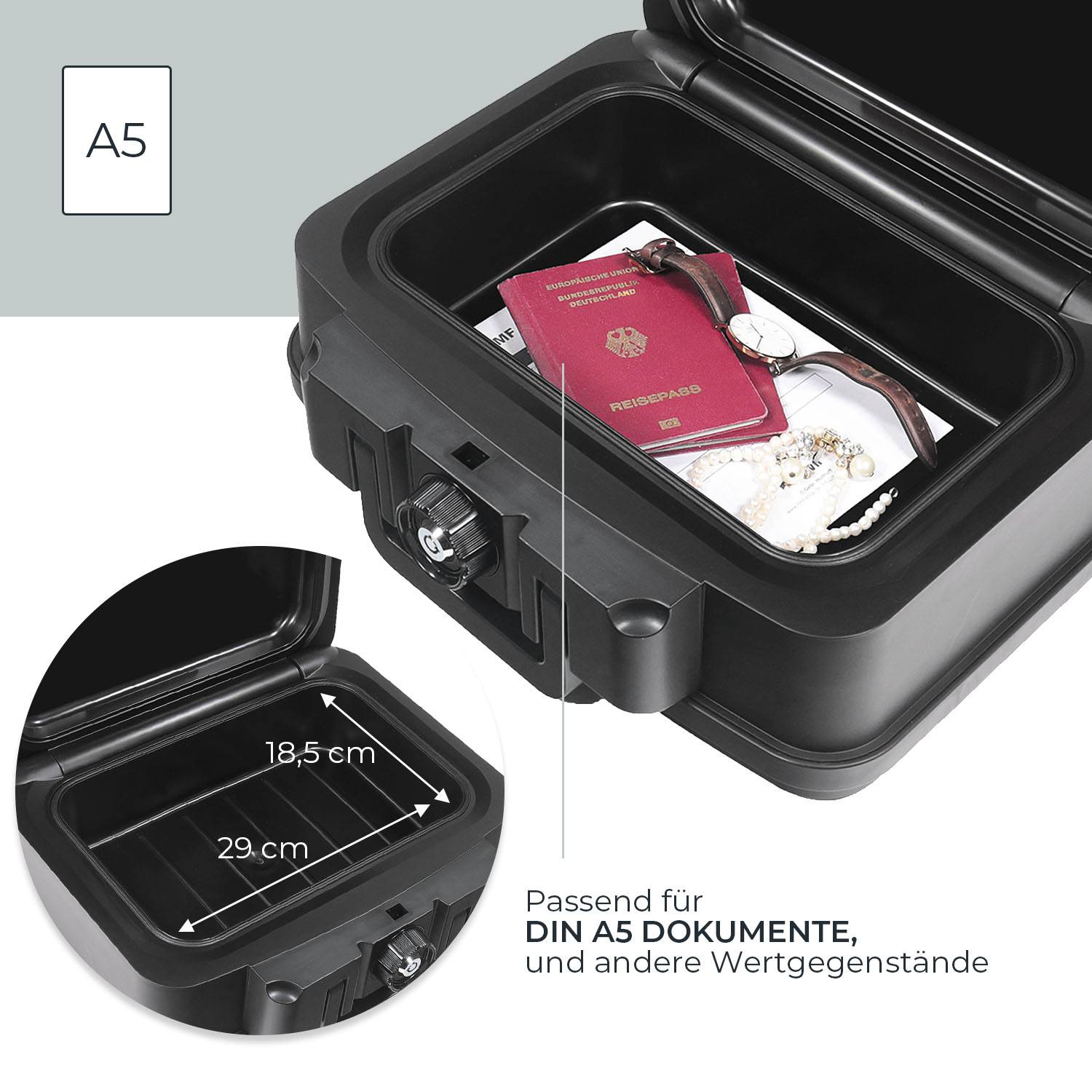 HMF 250451 Feuerfeste Wasserdichte Dokumentenbox, DIN A5, 38,5 x 16,5 x 28 cm, Schwarz-2