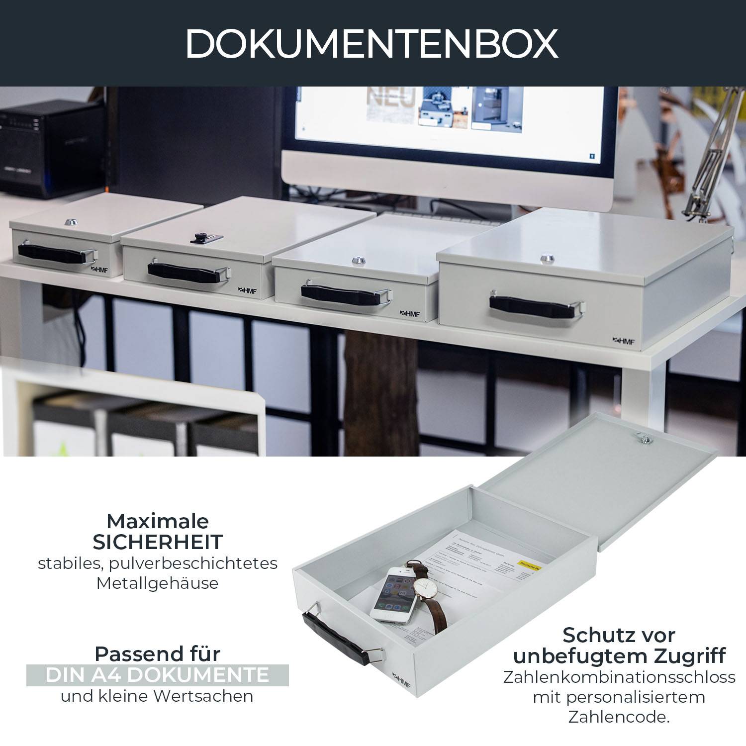 HMF 1413-07 Dokumentenkassette mit Zahlenschloss, DIN A4, 37,5 x 26,5 x 8 cm, Lichtgrau-1