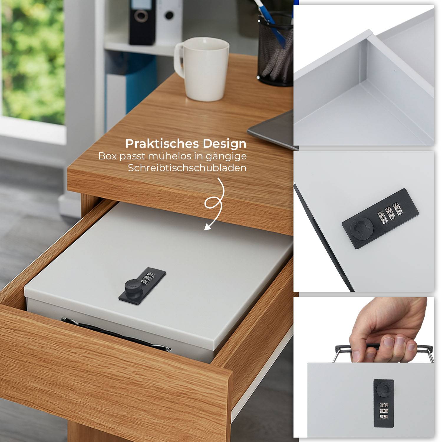 HMF 1413-07 Dokumentenkassette mit Zahlenschloss, DIN A4, 37,5 x 26,5 x 8 cm, Lichtgrau-2