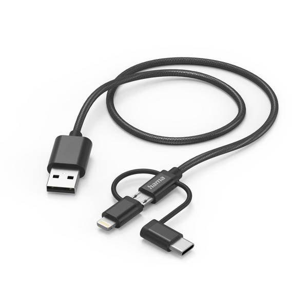 hama 00201536 3in1 Multi-Ladekabel, USB-A - Micro-USB, USB-C u. Lightning, 1,5 m, Schwarz