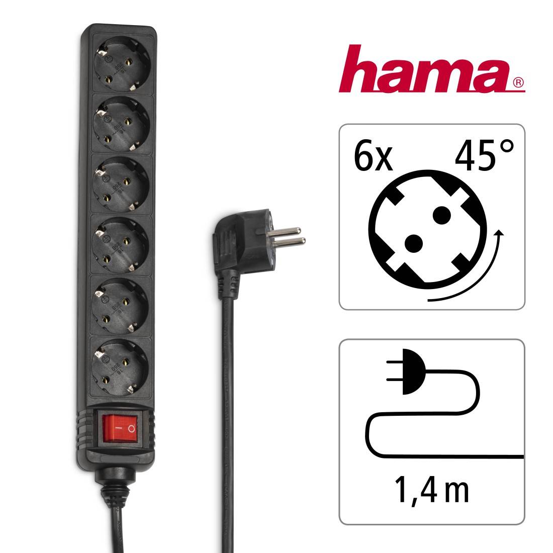 hama 00030394 Steckdosenleiste 6-fach, mit Schalter, 1.4m, Schwarz-1