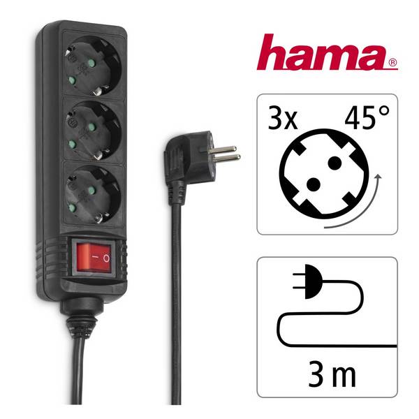 hama 00108816 Steckdosenleiste, 3-fach, mit Schalter, 3 m, Schwarz