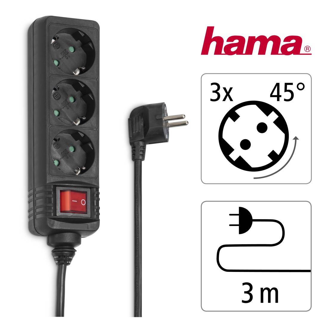 hama 00108816 Steckdosenleiste, 3-fach, mit Schalter, 3 m, Schwarz-0