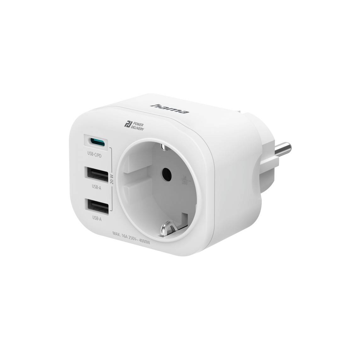 hama 00223342 Mehrfachstecker 4er f. Steckdose, 1 USB-C PD, 2 USB 